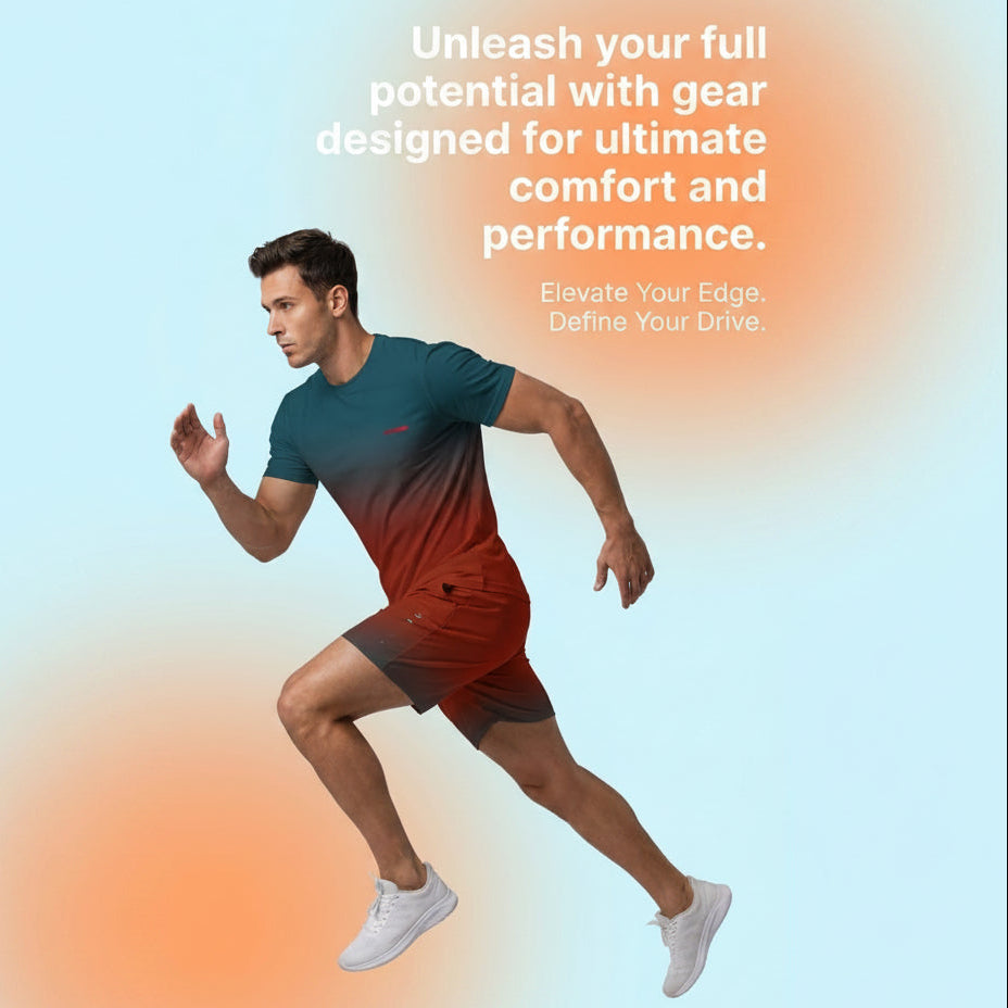 A male runner in a teal-to-red gradient athletic shirt and matching shorts is shown mid-stride against a light blue and orange gradient background. Large promotional text appears above, and a 'SHOP NOW' button is at the bottom.