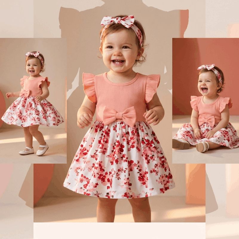 Cute girls' floral summer dress by NOVA for ages 0-3 years, featuring colorful flower patterns and lightweight fabric.