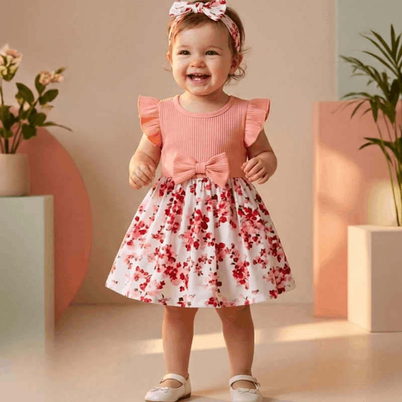 NOVA girls' floral dress for 0-3 years, featuring colorful summer floral pattern and sleeveless design.