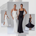 A promotional fashion graphic with three women modeling elegant floor-length gowns against a light gray studio background. Large text at the top reads, 'Experience the perfect fusion of classic elegance and modern allure.