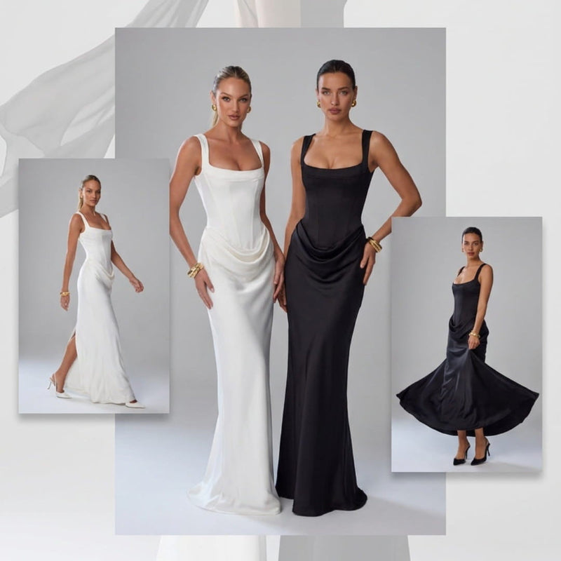 A promotional fashion graphic with three women modeling elegant floor-length gowns against a light gray studio background. Large text at the top reads, 'Experience the perfect fusion of classic elegance and modern allure.