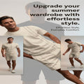 A promotional collage showing a man modeling a light beige short-sleeve t-shirt and matching shorts in three poses, with large marketing text reading 'Upgrade your summer wardrobe with effortless style. Effortless Style, Everyday Comfort.
