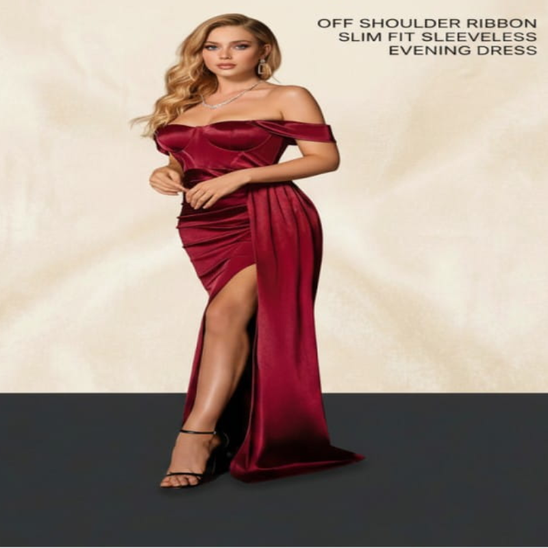 NOVA off-shoulder ribbon slim fit sleeveless evening dress displayed on a hanger, featuring elegant design and sleek silhouette.