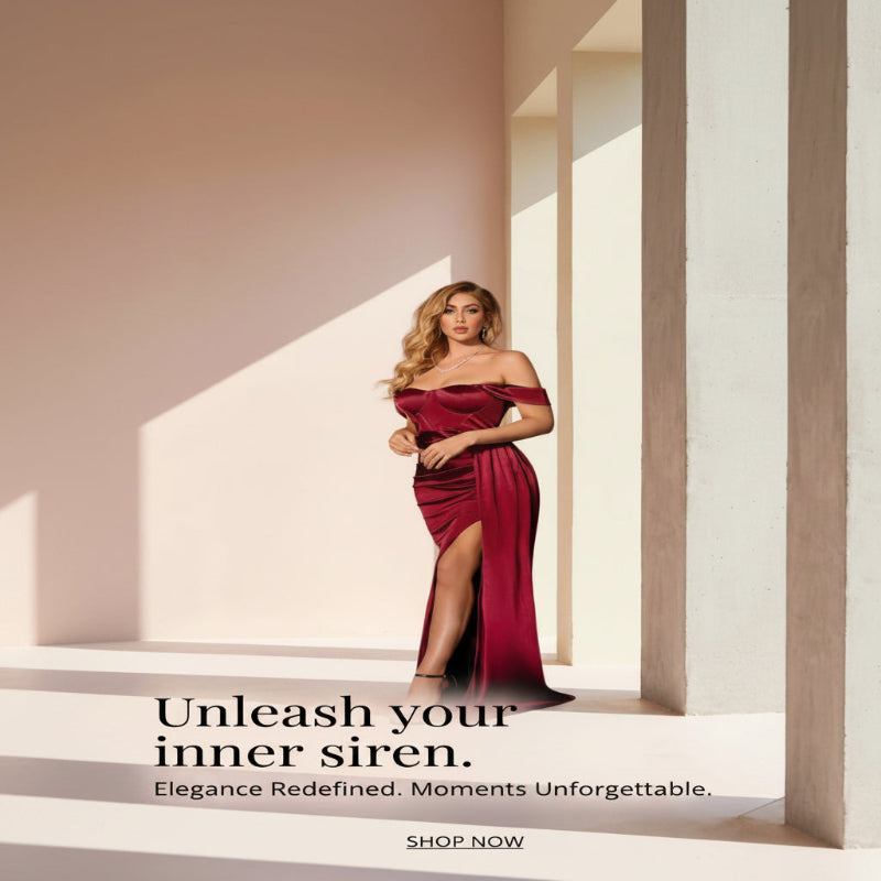 Woman in a red dress standing in a sunlit room with text 'Unleash your inner siren' and 'Elegance Redefined. Moments Unforgettable.