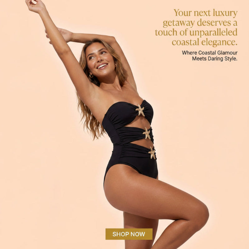 A woman modeling a black one-piece swimsuit with starfish embellishments against a warm beige background, with promotional text and a gold 'SHOP NOW' button.