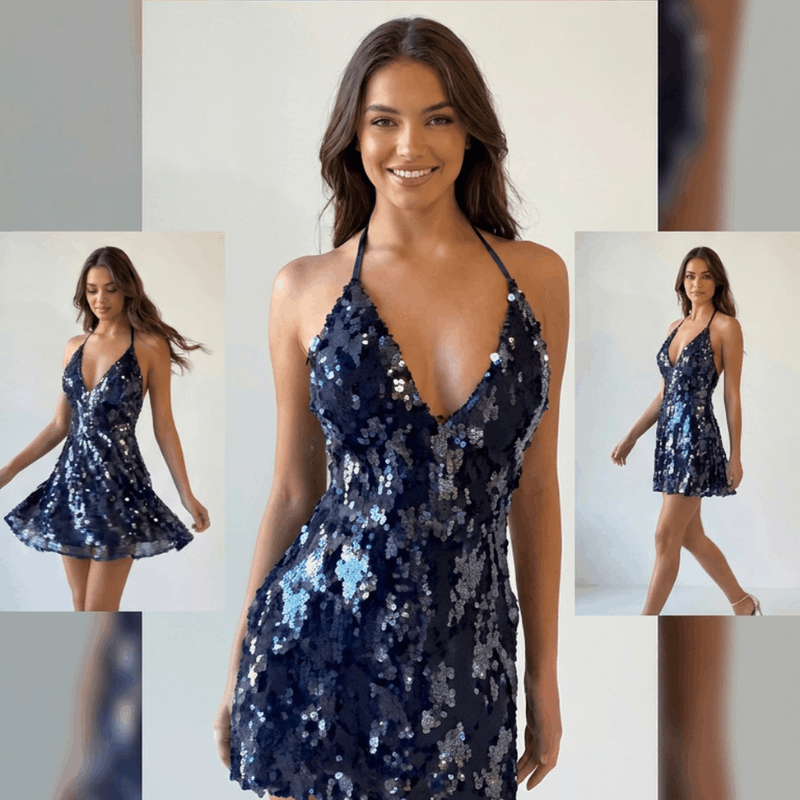 NOVA women's high waist deep V-neck sequin dress for parties, featuring shiny sequins and a fitted silhouette.