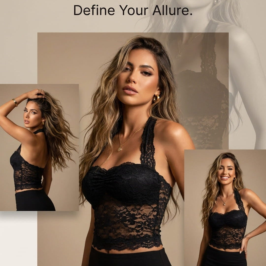 A promotional fashion graphic featuring a woman modeling a black lace halter-style top and black skirt against a beige background, with the text 'Feel confident, look captivating. Define Your Allure.