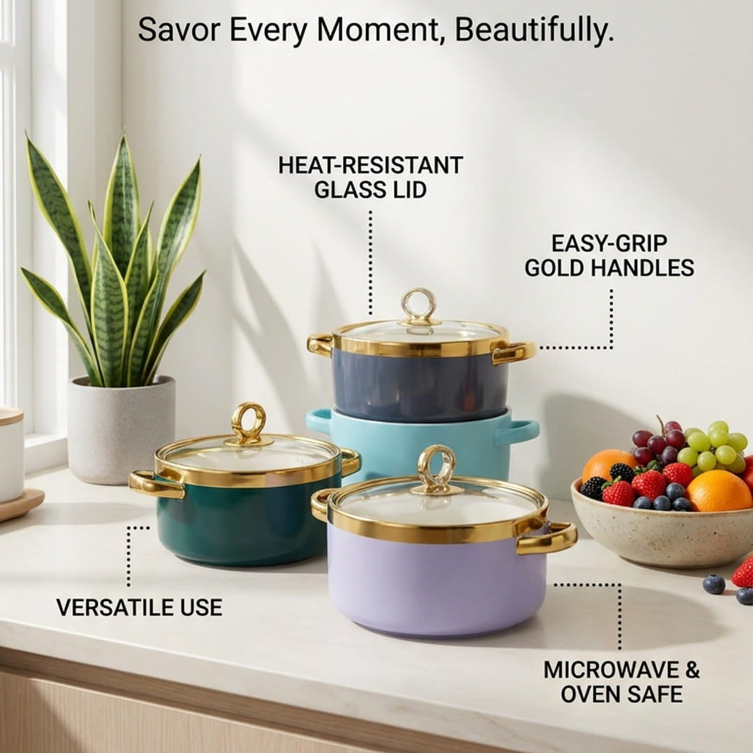 A promotional product graphic for a set of three cookware pots with glass lids and gold handles, shown on a kitchen counter with text callouts and marketing claims. The pots are in teal, navy, and lavender colors, with a plant and fruit as props.