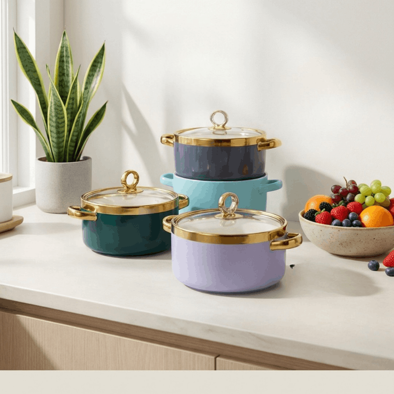 Premium Multi Color Ceramic Soup Pot with Glass Cover