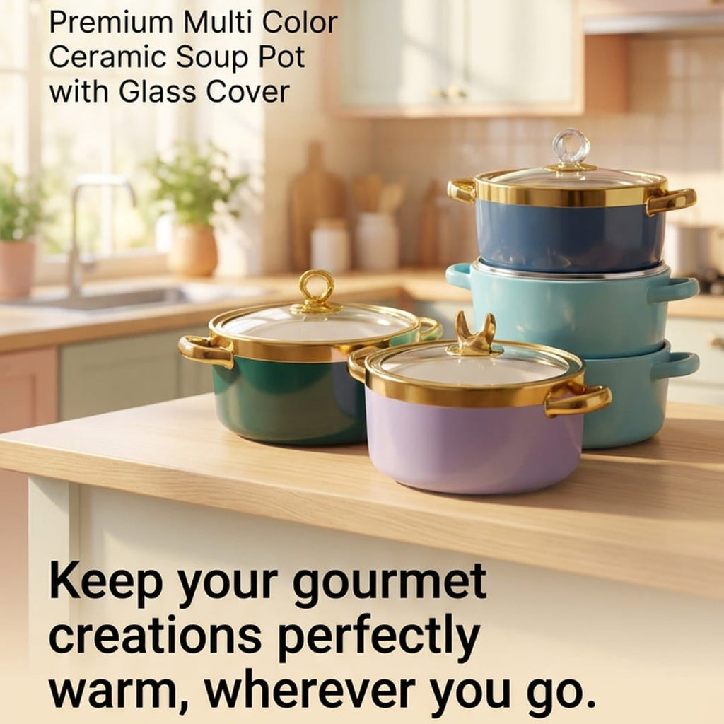 Three ceramic soup pots with glass lids in teal, light blue, and lavender are arranged on a kitchen counter. The background shows a softly lit kitchen interior with cabinets, plants, and a window.