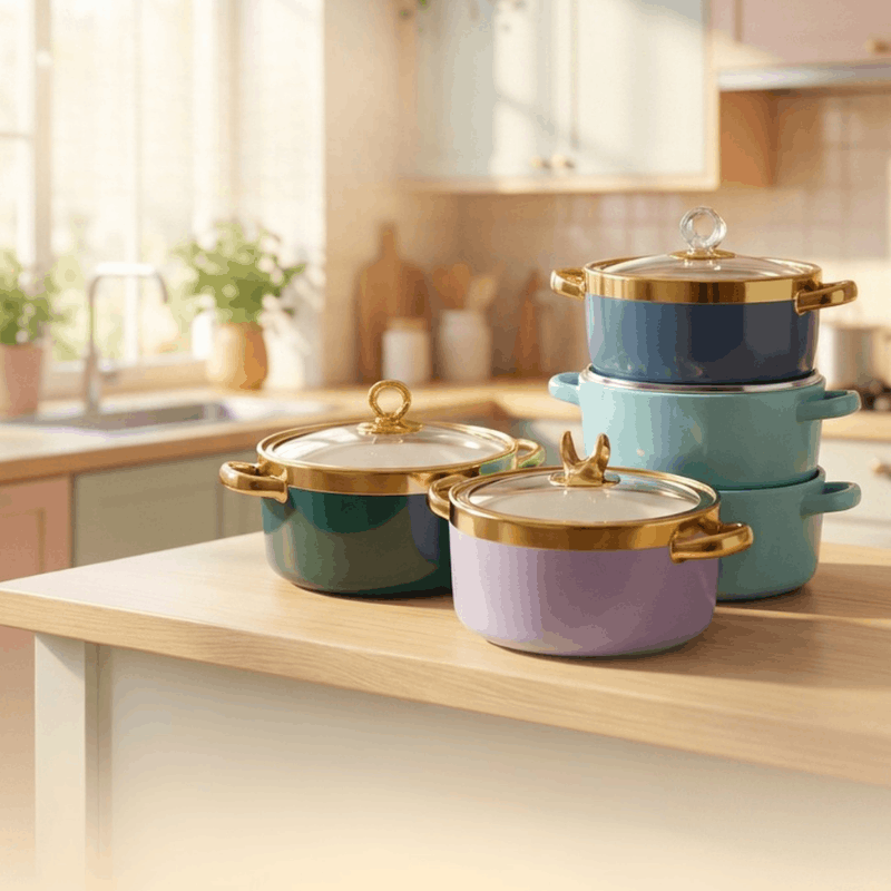 Premium Multi Color Ceramic Soup Pot with Glass Cover