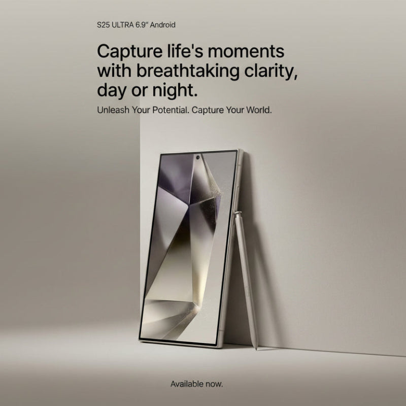 Promotional graphic for the Samsung Galaxy S25 Ultra 6.9-inch Android smartphone, showing the device in a sleek black protective case leaning against a light gray wall, with marketing text above and below.