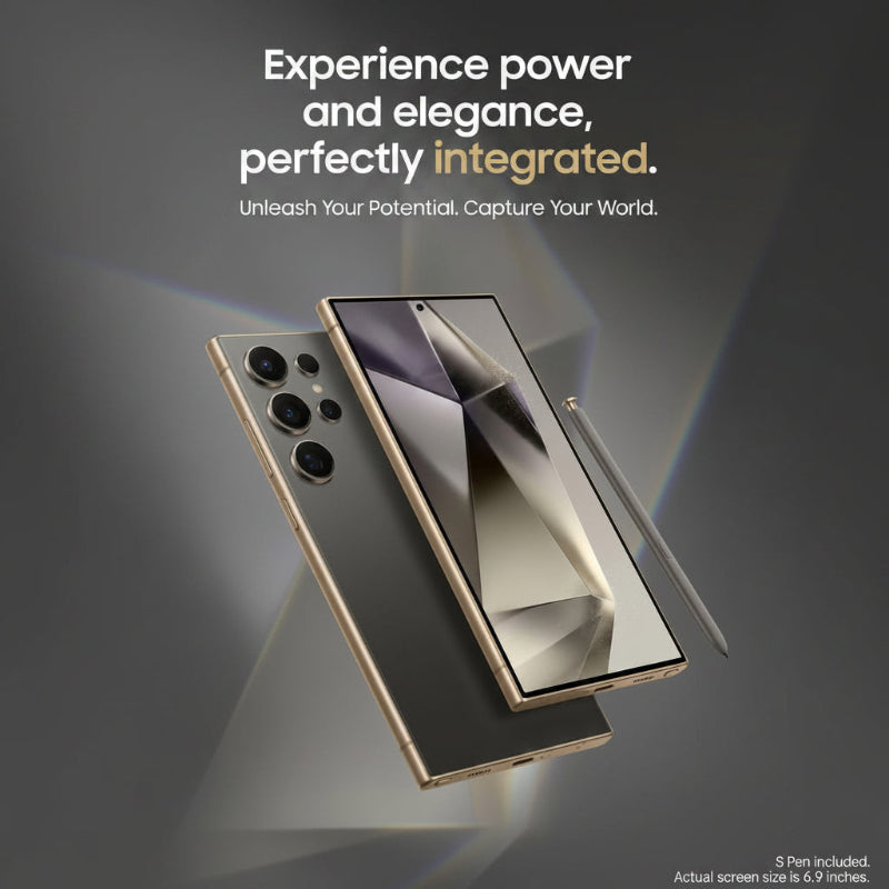 A promotional graphic for a smartphone showing two angled views of a dark gray phone with gold-toned edges, a stylus, and marketing text at the top reading, 'Experience power and elegance, perfectly integrated.' on a dark gray background.
