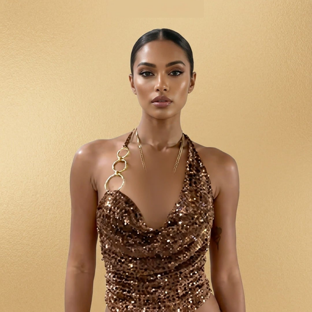 A model wearing a sparkling gold sequined halter dress stands against a textured gold background with the text 'DAZZLE. DEFINE.