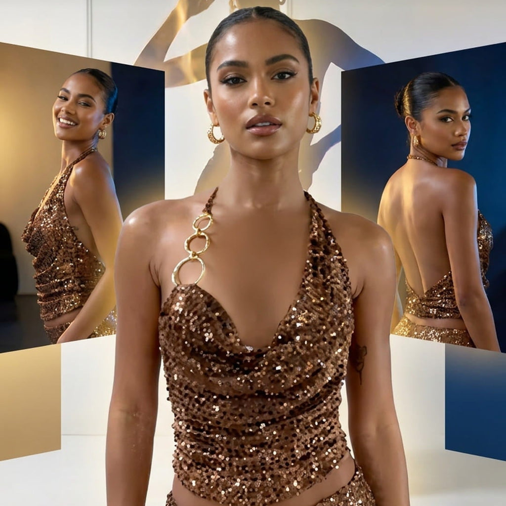 A promotional fashion image featuring a woman in a sparkling bronze sequined halter dress, with inset side views of the same dress and large marketing text at the top reading, 'Turn heads and own the night with unparalleled sparkle. Dazzle.