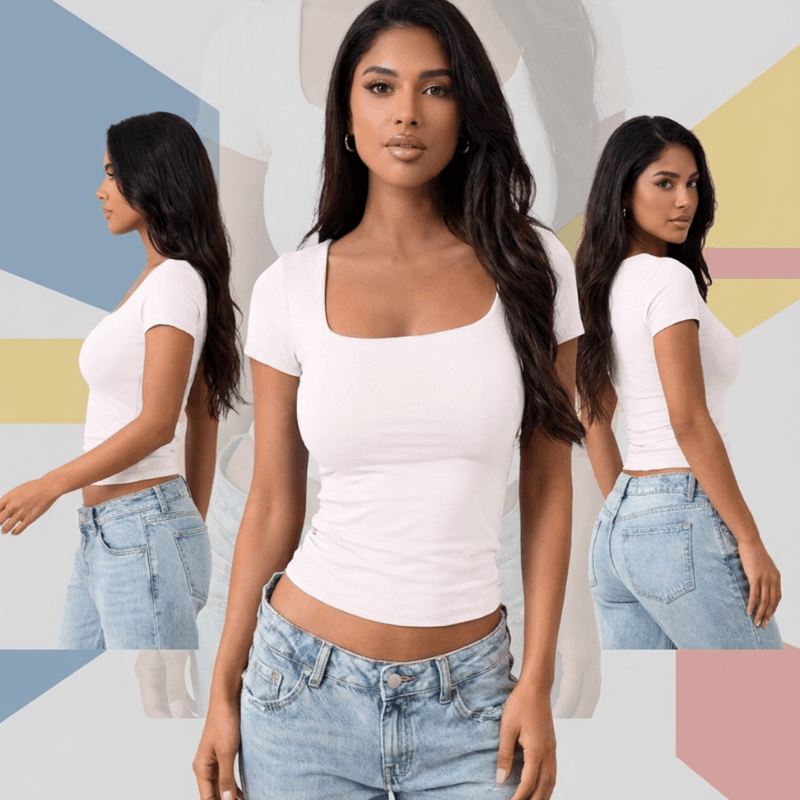 NOVA women's short sleeve square neck crop top, fitted and stylish, shown on a model, in a vibrant color.