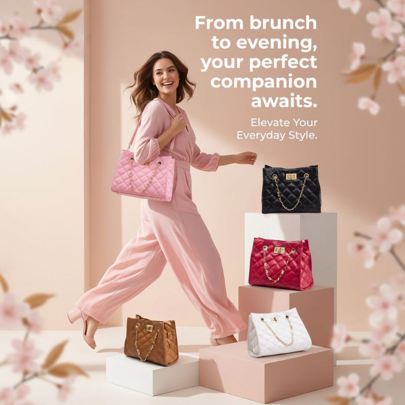 A woman in a pink lounge set carries a pink quilted handbag while walking in a softly lit studio. Several additional quilted handbags in black, red, brown, and white are displayed on pink pedestals, with promotional text at the top and a 'SHOP NOW' button at the bottom.