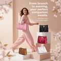 A woman in a pink lounge set carries a pink quilted handbag while walking in a softly lit studio. Several additional quilted handbags in black, red, brown, and white are displayed on pink pedestals, with promotional text at the top and a 'SHOP NOW' button at the bottom.
