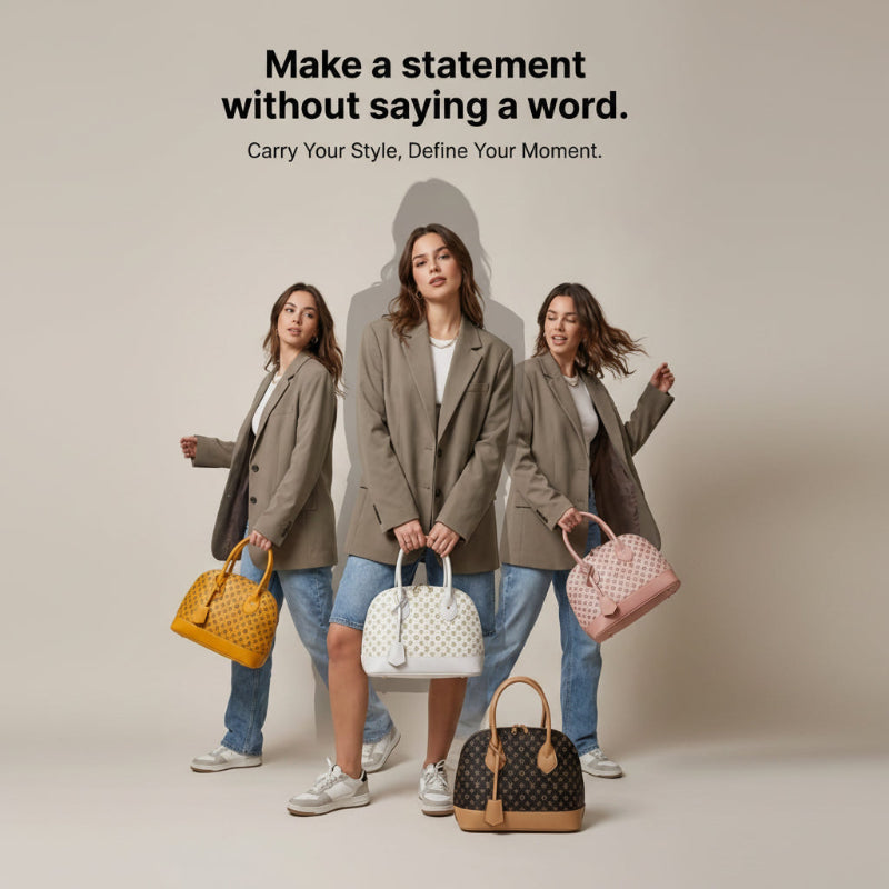 Three women pose in matching taupe blazers and jeans, each holding a different handbag: a yellow tote, a white wavy-patterned top-handle bag, and a pink top-handle bag. A fourth dark monogram shoulder bag sits on the floor in front.