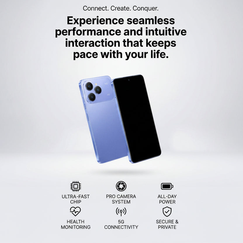 A promotional graphic for a smartphone showing two angled views of the device: one in blue and one in black. Large marketing text appears above, and feature icons and labels appear below on a light gray background.