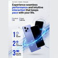 Promotional graphic for a blue smartphone, showing two angled views of the phone with marketing text about Android 15, Spark 40 Pro, 5G speed, Pro cameras, and all-day battery. The design includes a blue abstract flow effect and an 'Order Now' button at the top.