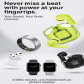 Promotional graphic showing multiple wireless and smartwatch accessories on a light gray background: neon green wireless earbuds in a translucent charging case, a silver smart ring, white earbuds in a white case, two smartwatches, and a black wireless earbud charging case. Large marketing text appears at the top and bottom.