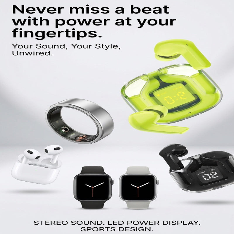 Promotional graphic showing multiple wireless and smartwatch accessories on a light gray background: neon green wireless earbuds in a translucent charging case, a silver smart ring, white earbuds in a white case, two smartwatches, and a black wireless earbud charging case. Large marketing text appears at the top and bottom.