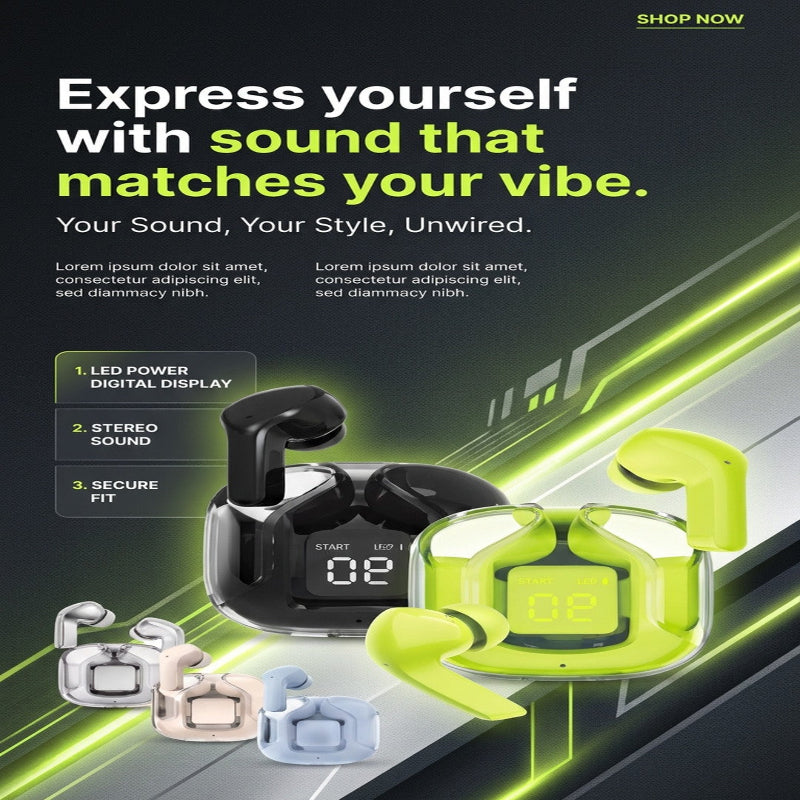 Promotional graphic for wireless earbuds and charging cases on a dark background with neon green graphic lines. The main featured product is a black charging case with a digital LED display showing '02', alongside bright neon green earbuds.