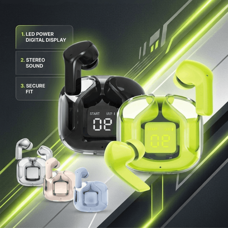 NOVA sports headphones with LED power display, stereo sound earbuds, and built-in MP3 player for active listening.