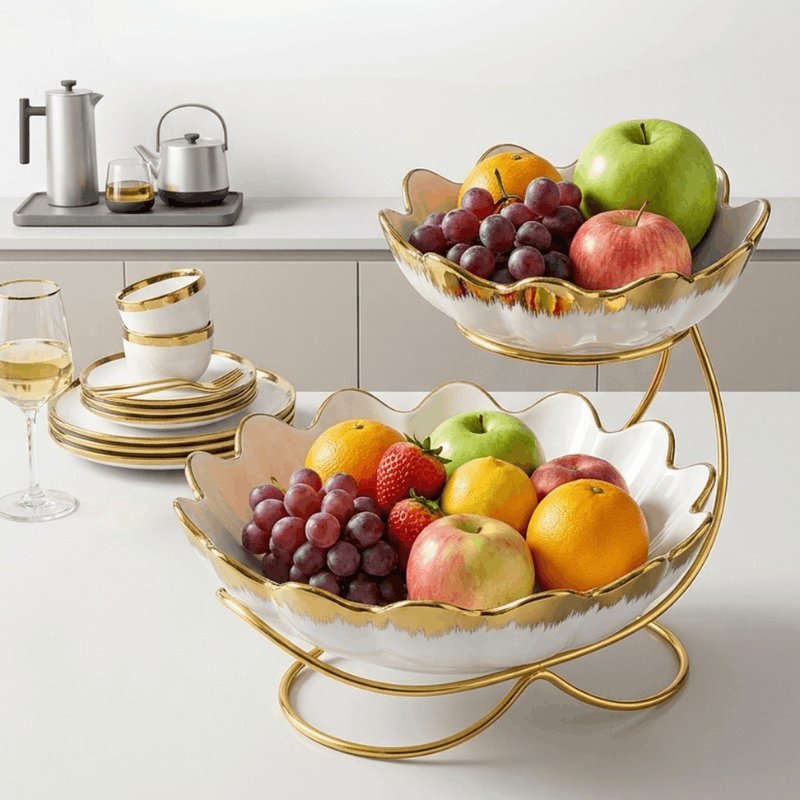 Elegant gold ceramic fruit bowl dinner set by NOVA, featuring stylish bowls for serving fruit or desserts.