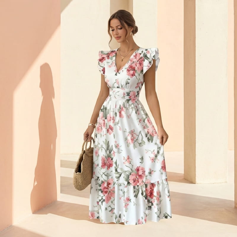 NOVA sleeveless V-neck floral dress for women, lightweight and breathable summer dress with vibrant flower patterns.