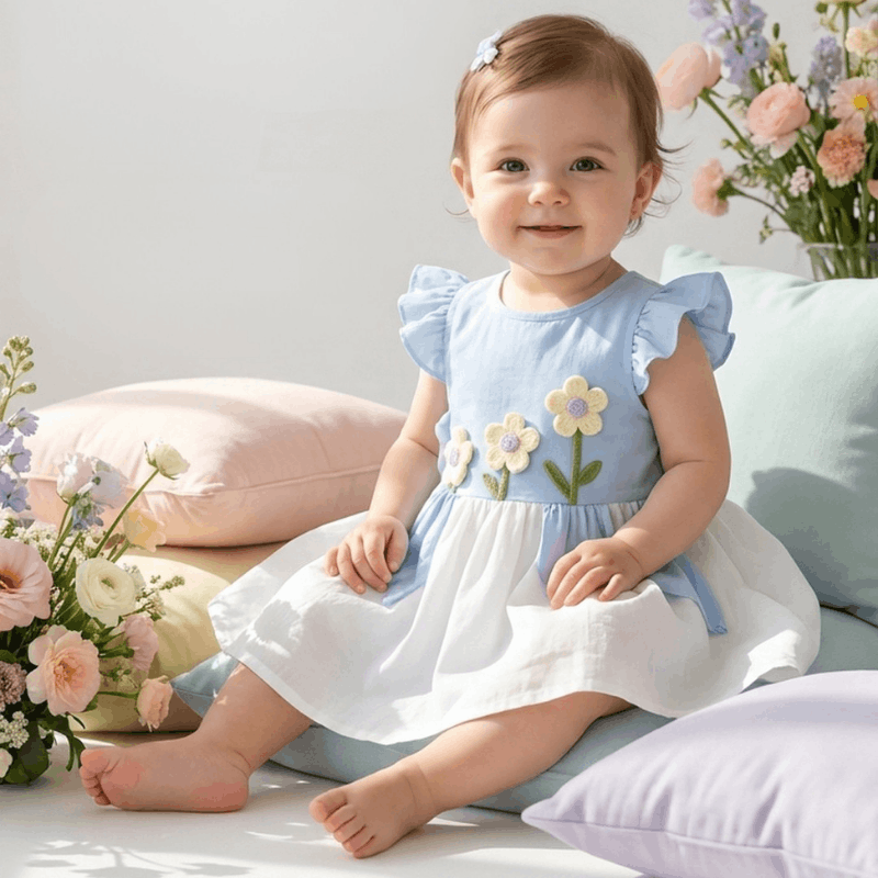 NOVA flower girl dress for babies aged 0-1 year, featuring a summer floral design with soft pastel colors and delicate fabric.