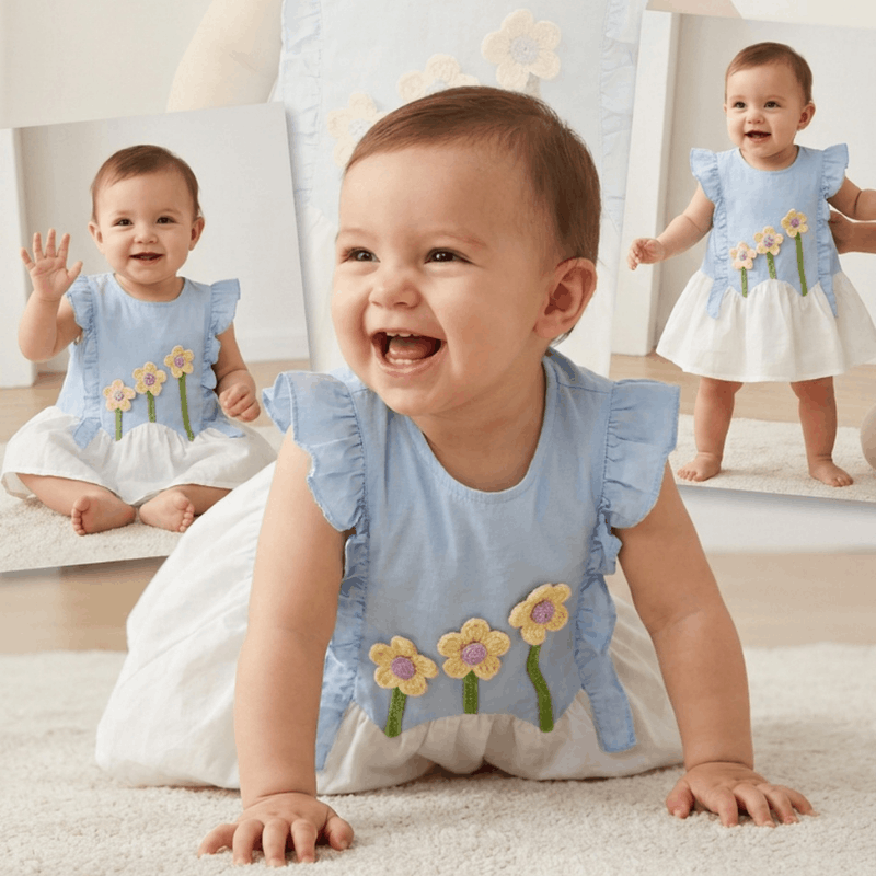 NOVA flower girl dress for 0-1 year, sleeveless with pastel floral pattern, suitable for summer occasions.