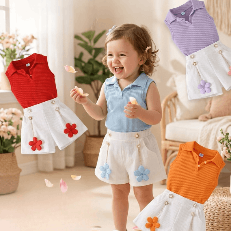 Girls' floral short-sleeve two-piece set by NOVA for ages 4-8, featuring a colorful flower pattern and comfortable summer wear.