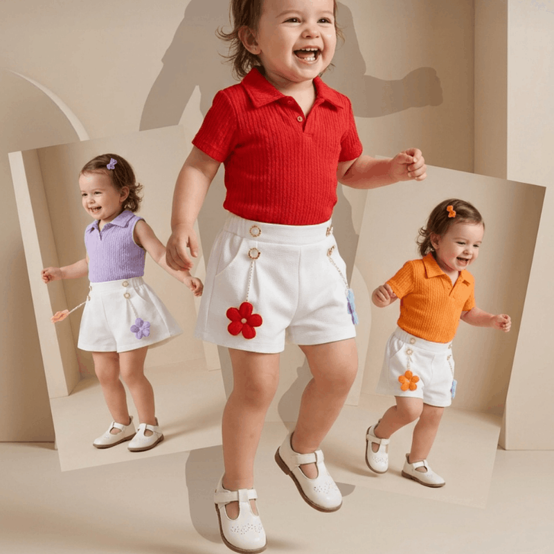 Girls' floral short-sleeved two-piece set by NOVA for ages 4-8, featuring a colorful flower print top and matching shorts.