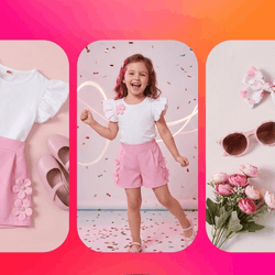 Girls' summer outfit by NOVA featuring a short sleeve top with a bow skirt, suitable for ages 4 to 7 years.