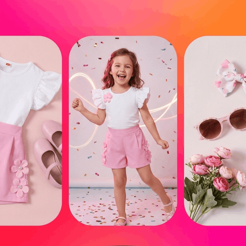 Girls' summer outfit by NOVA featuring a short sleeve top with a bow skirt, suitable for ages 4 to 7 years.