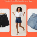Summer fashion promotional graphic with a woman modeling a white blouse and denim shorts in the center, flanked by inset images of black denim shorts and light blue denim shorts. Text reads 'NEW COLLECTION' and 'Discover the ultimate blend of comfort and style for your everyday wardrobe.