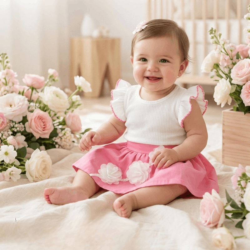 Pink girl two-piece summer set for 0-1 year old, featuring a cute top and matching bottoms from NOVA.