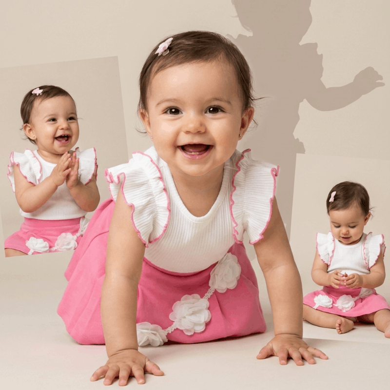 Pink girl two-piece summer set for 0-1 year old infants, featuring a cute top and matching bottoms by NOVA.