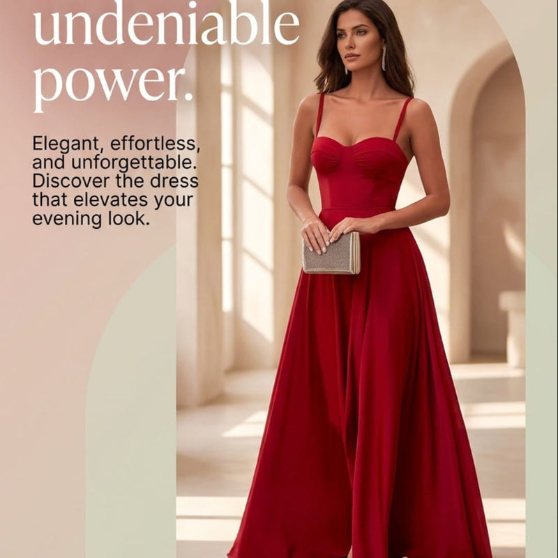 A promotional fashion graphic featuring a woman in a long red evening gown holding a small metallic clutch, standing in a sunlit architectural hallway. Large text reads, 'Drape yourself in confidence and radiate undeniable power,' with smaller copy about elegance and effortless style, plus a 'SHOP NOW' button at the bottom.