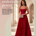 A promotional fashion graphic featuring a woman in a long red evening gown holding a small metallic clutch, standing in a sunlit architectural hallway. Large text reads, 'Drape yourself in confidence and radiate undeniable power,' with smaller copy about elegance and effortless style, plus a 'SHOP NOW' button at the bottom.
