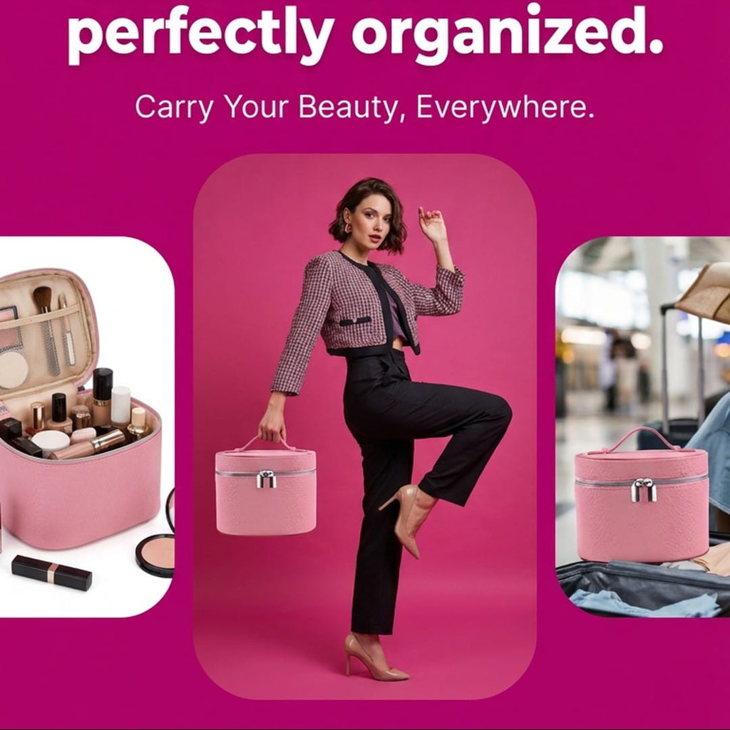 Promotional graphic for Carry Your Beauty cosmetics organizer. A woman stands against a pink background holding a pink round cosmetic case.