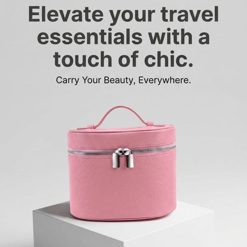 A pink cylindrical cosmetic case with a silver clasp sits on a white pedestal against a light gray background, with promotional text above and below.
