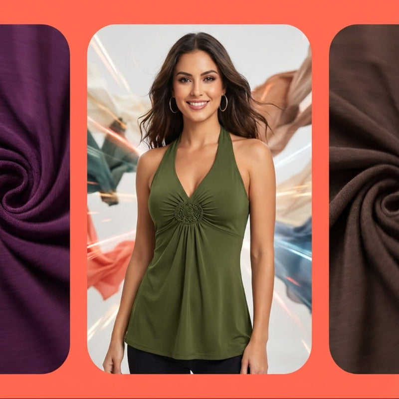 Promotional banner featuring a woman wearing an olive green halter top, with text reading 'NEW ARRIVAL' and 'Comfort meets captivating design. Style that feels as good as it looks.