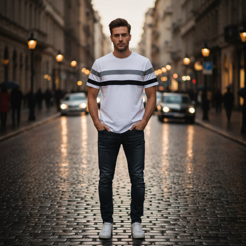 A white short-sleeve crewneck t-shirt with horizontal stripes in black and gray, held up on a hanger in an indoor setting.