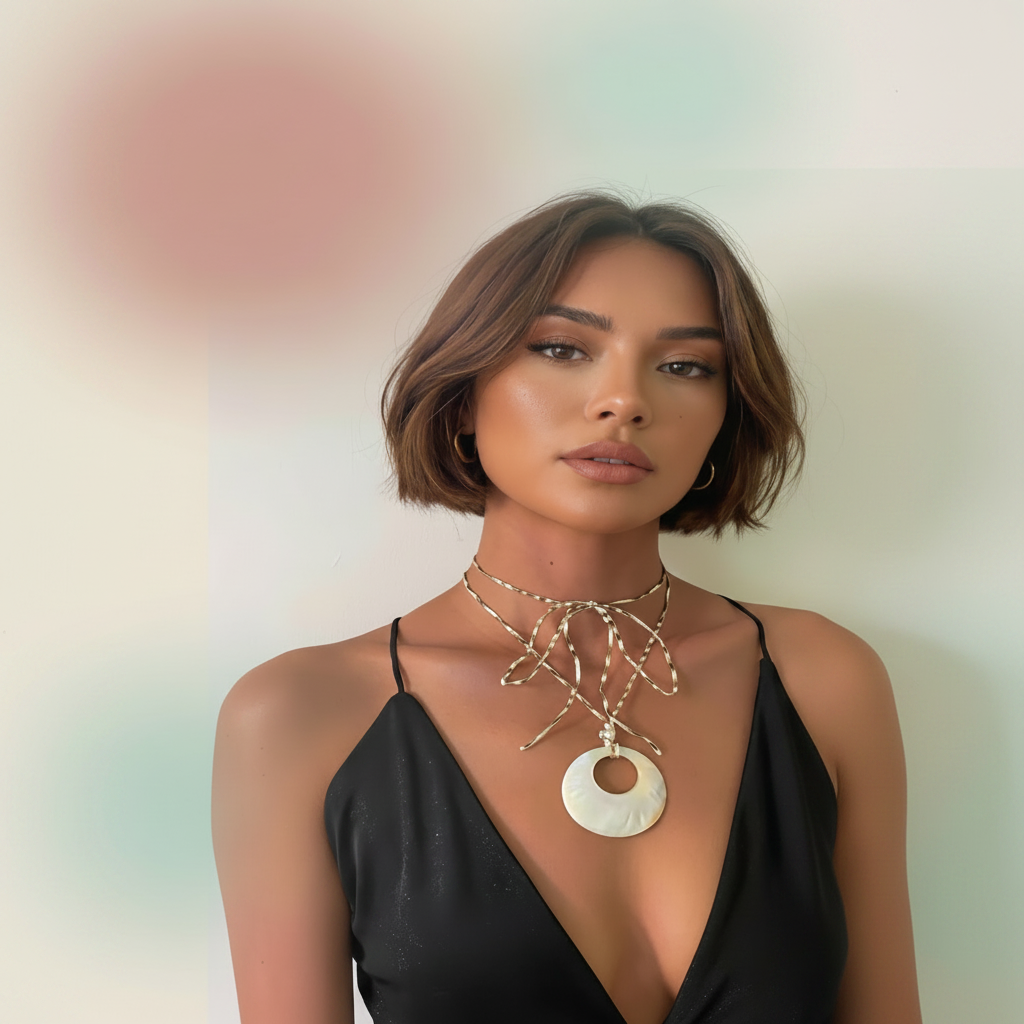 Woman wearing a black top and gold necklace against a blurred background
