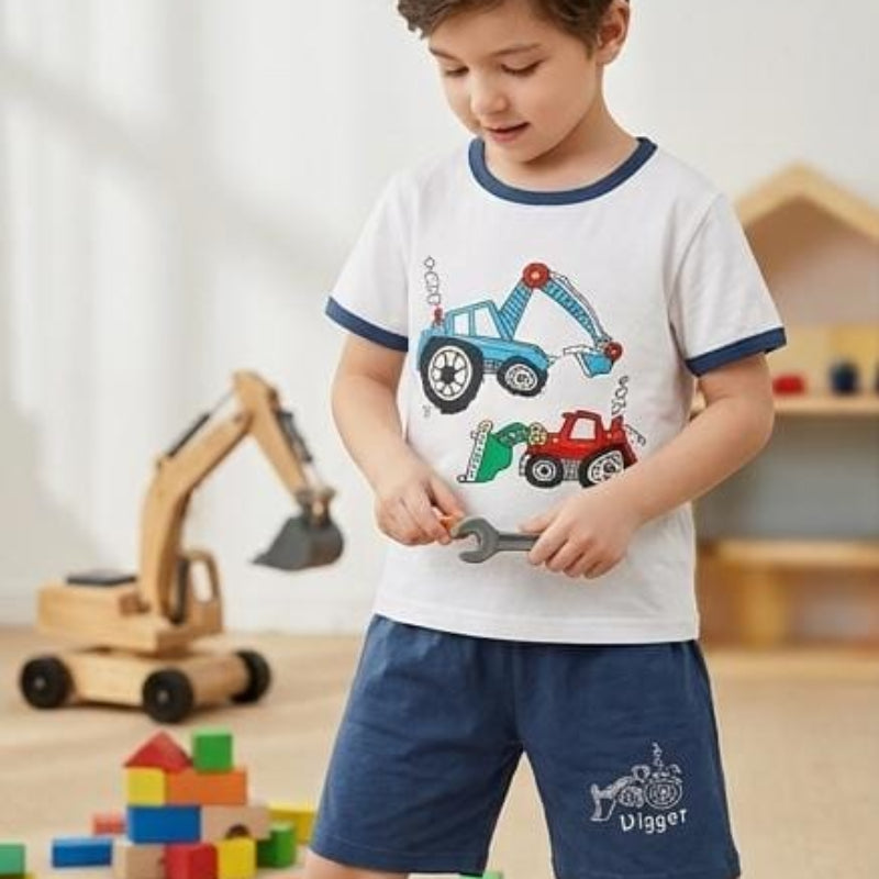 NOVA boys cotton short sleeve T-shirt and shorts 2-piece set in white, suitable for ages 5 to 12 years, displayed on a plain background.
