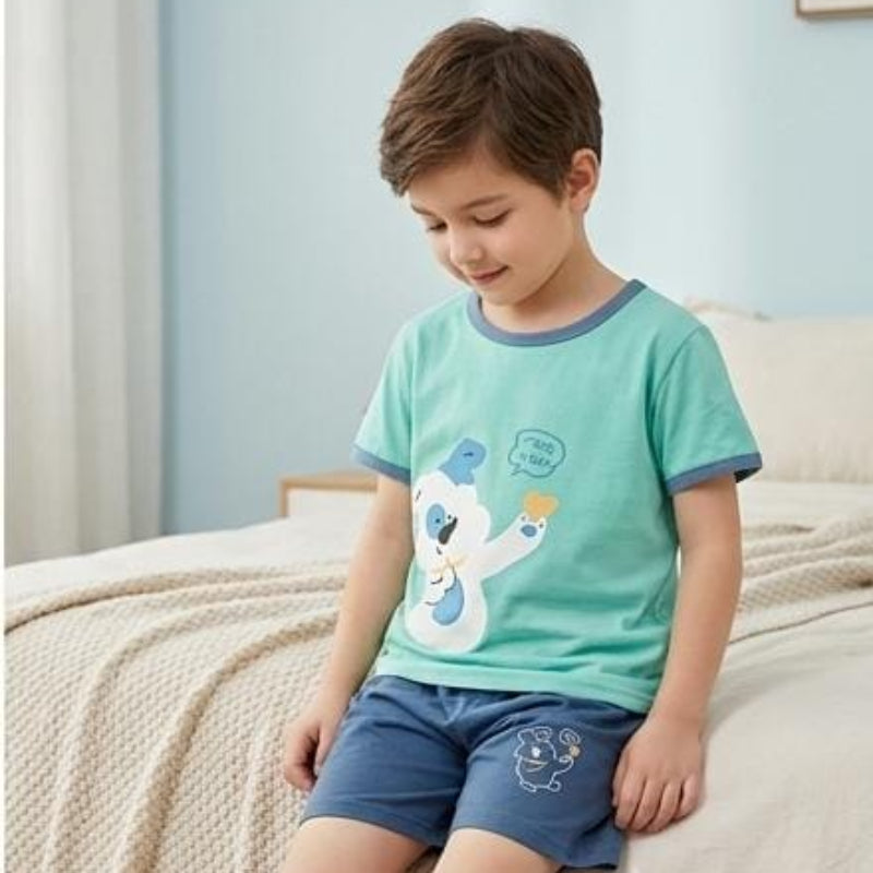 NOVA boys cotton short sleeve T-shirt and shorts set in green, age 5-12 years, casual summer clothing for kids.