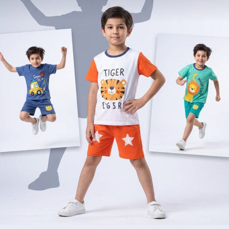 NOVA boys' cotton short sleeve T-shirt and shorts set for ages 5-12, featuring a comfortable casual style in light fabric.